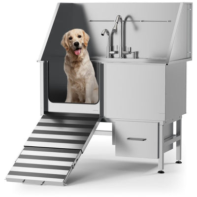 Professional Stainless Steel Dog Bathing Station - Dog Grooming Tub W Ramp, Storage Drawer, Floor Grate & Faucet Dog Bathtub For Large