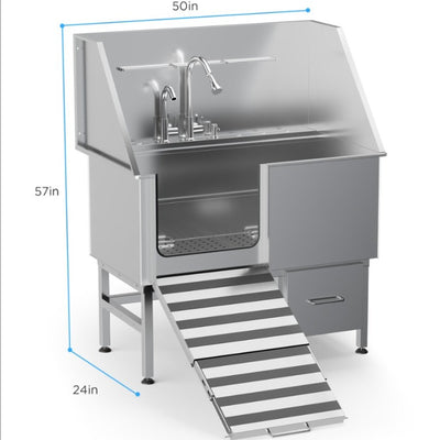 Professional Stainless Steel Dog Bathing Station - Dog Grooming Tub W Ramp, Storage Drawer, Floor Grate & Faucet Dog Bathtub For Large