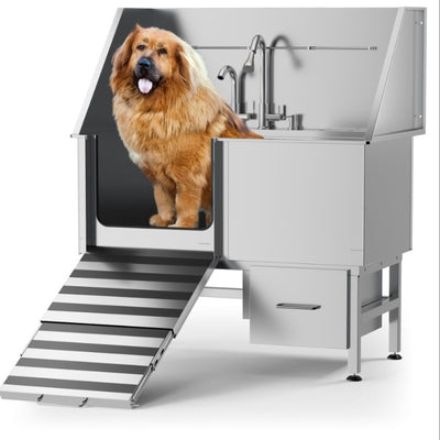 Professional Stainless Steel Dog Bathing Station - Dog Grooming Tub W Ramp, Storage Drawer, Floor Grate & Faucet Dog Bathtub For Large